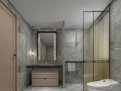 Elegant Modern Hotel Bathroom With Marble Walls Glass Shower Vanity And Smart Toilet 3d model