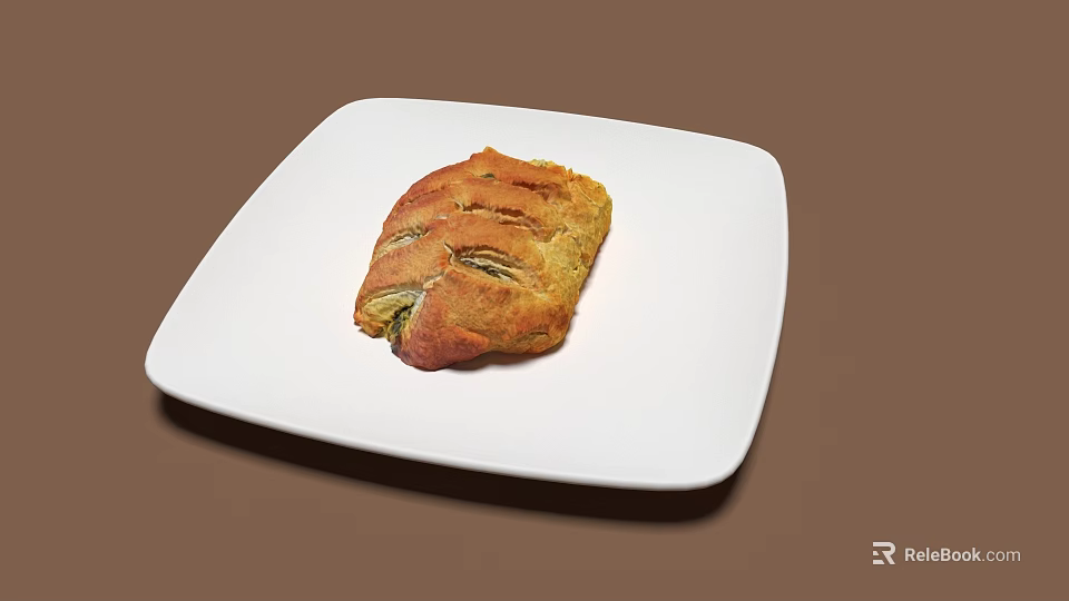 Golden Brown Stuffed Baked Pastry On White Square Plate With Sliced Design And Brown Background 3d model 