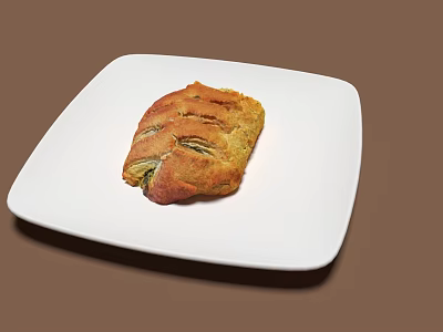 Golden Brown Stuffed Baked Pastry On White Square Plate With Sliced Design And Brown Background 3d model