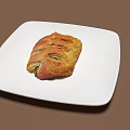 Golden Brown Stuffed Baked Pastry On White Square Plate With Sliced Design And Brown Background