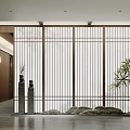 Modern Hotel Corridor With Dark Wooden Walls Wall Lamps And Lattice Screen