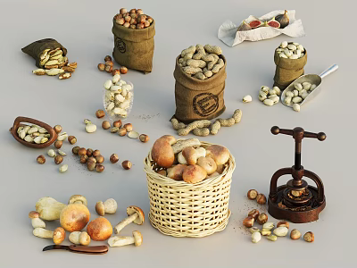 Fresh Organic Mushrooms and Assorted Nuts in Wicker Basket and Sacks with Nut Press 3d model