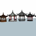 Multiple Chinese Pavilions with Blue Sky White Clouds and Water Reflections 3d model