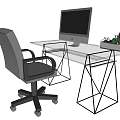 Glass Office Desk with Black Metal Geometric Legs Apple Monitor and Potted Plant Beige Chair