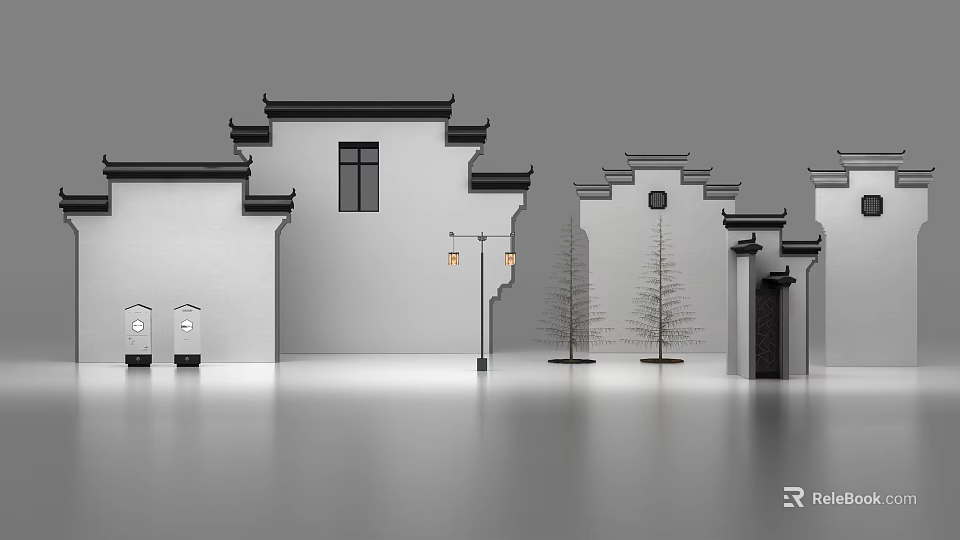 Traditional Chinese Building Facade Featuring White Walls Black Tiles Horsehead Cornices And Hanging Lanterns 3d model 