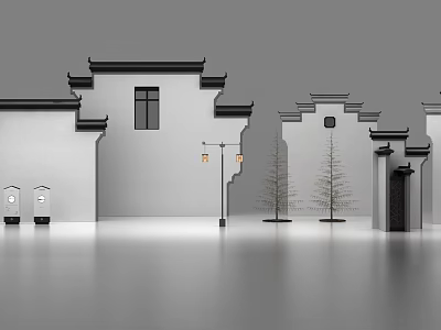Traditional Chinese Building Facade Featuring White Walls Black Tiles Horsehead Cornices And Hanging Lanterns 3d model