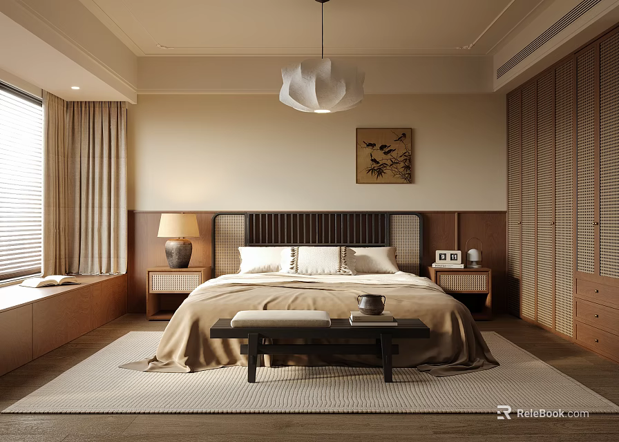 Modern Bedroom Interior Featuring Beige Walls Wooden Elements Upholstered Bed Nightstands And Pendant Light 3d model 