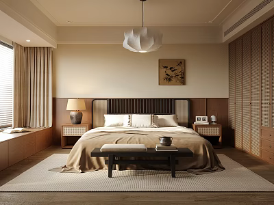 Modern Bedroom Interior Featuring Beige Walls Wooden Elements Upholstered Bed Nightstands And Pendant Light 3d model