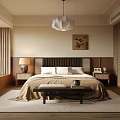 Modern Bedroom Interior Featuring Beige Walls Wooden Elements Upholstered Bed Nightstands And Pendant Light