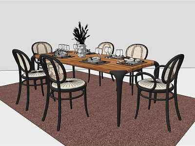 Dining Table Set with Six Chairs Woven Seats Black Frames Tableware Vase and Rug 3d model