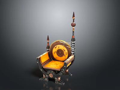 Traditional Ornate Chair Featuring Yellow Seat Black Frame And Decorative Pillars 3d model