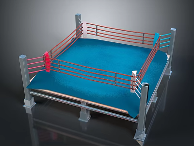 Professional Boxing Ring With Blue Canvas Mat Red Ropes And Metal Posts 3d model