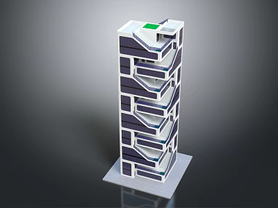 Vibrant Cartoon Scene Featuring Modern Geometric Building With Balconies And Green Rooftop 3d model