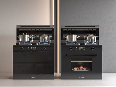 Black Integrated Cookers with Pots Blue Flames and Built in Oven Compartments 3d model