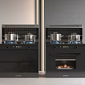 Black Integrated Cookers with Pots Blue Flames and Built in Oven Compartments