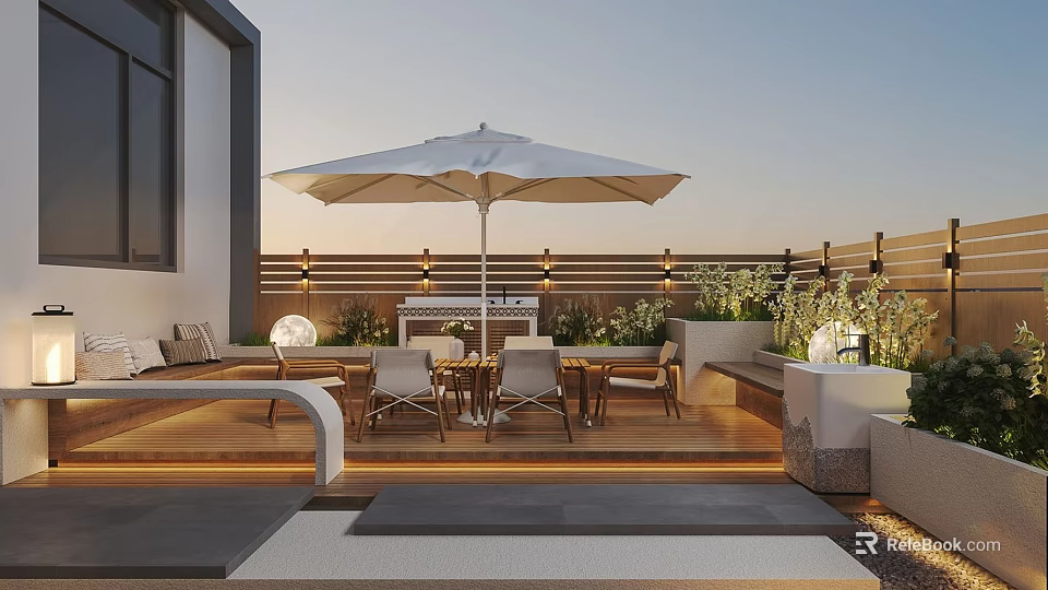 Stylish Rooftop Garden Design With Outdoor Furniture Umbrella And Wooden Flooring 3d model 