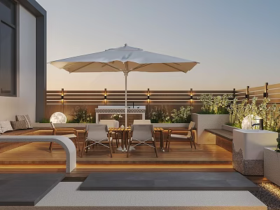 Stylish Rooftop Garden Design With Outdoor Furniture Umbrella And Wooden Flooring 3d model