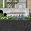 Modern Scenic Wall With Stone Material Greenery And Purple Flowers In Building Background