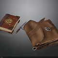 Medieval Witchcraft Kit Setup With Red Cover Book Golden Symbol Knife And Brown Leather Bag