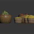 Assorted Fresh Food Items in Wicker Baskets Including Green Vegetables Yellow Grains and Red Produce