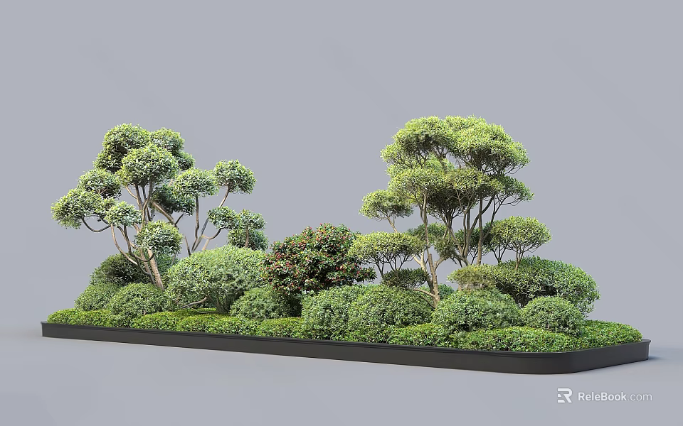 Modern Flower Bed And Flower Pot Landscaping With Lush Trees Shrubs And Greenery Arrangement 3d model 