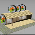 Sushi Roll Shaped Building With Wooden Structure Bamboo Roof And Windows On Brick Paved Ground