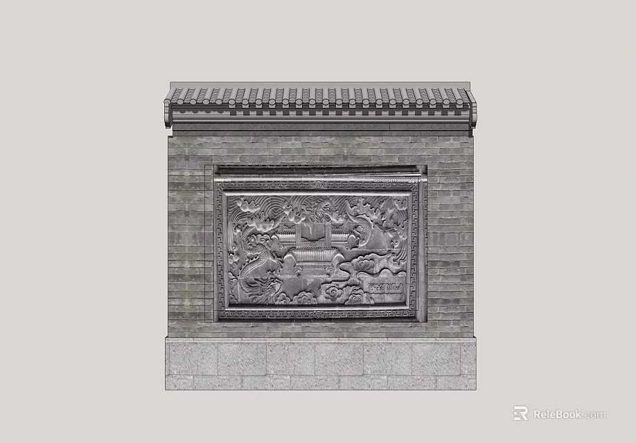 Traditional Chinese Feature Wall With Intricate Relief Carvings And Gray Brick Design 3d model 
