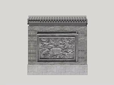 Traditional Chinese Feature Wall With Intricate Relief Carvings And Gray Brick Design 3d model