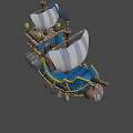 Colorful Wooden Ship with Blue Hull and Striped Sails Yellow Trim Anchor and Cannonballs Design