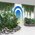 Floral Art Installation Featuring Lush Green Plants Hanging Vines Purple Flowers and White Archway Backdrop