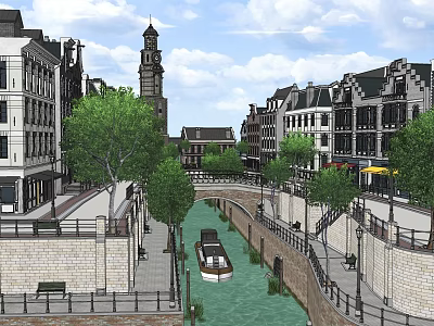 Charming Commercial Street With Canal Boat Traditional Buildings Trees And Benches 3d model