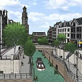 Charming Commercial Street With Canal Boat Traditional Buildings Trees And Benches