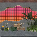 Ornamental Decor Set with Sunset Sky Grid Window String Lights Wooden Crates and Green Plants