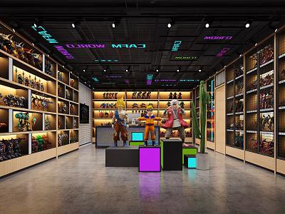 Vibrant Collectible Figures Store With Various Dolls On Shelves And Display Platforms Under Colorful Lights 3d model