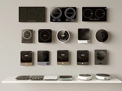 Modern Kitchen Appliances Electric Cooktops With Various Designs On Wall And Shelf 3d model