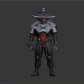 Detailed Futuristic Warrior Armor Design With Blue Red Accents And Conical Hat