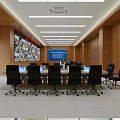 Modern Office Conference Room With Long Table Black Chairs Wooden Walls And Ceiling Lights