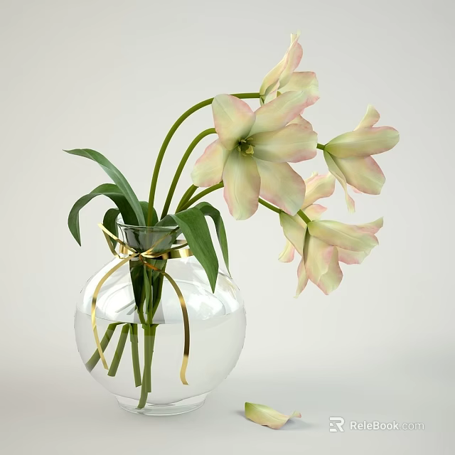 Elegant Transparent Glass Vase With Pink White Flowers Gold Ribbon And Green Leaves 3d model 