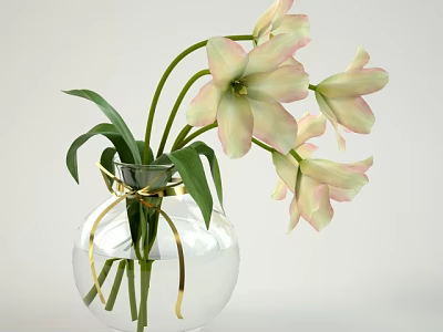 Elegant Transparent Glass Vase With Pink White Flowers Gold Ribbon And Green Leaves 3d model