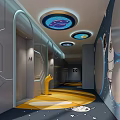 Space Themed Hotel Corridor With Starry Ceiling Astronaut Wall Decor And Star Patterned Floor 3d model