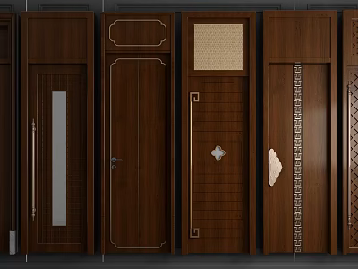 New Chinese Style Flat Door Room High Door Head Solid Wooden Door Combination 3d model