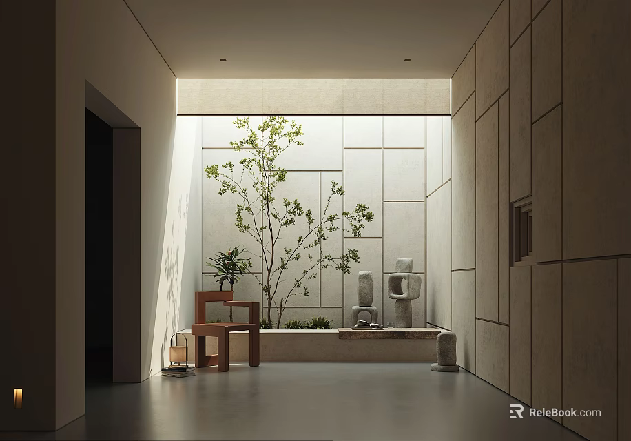 Modern Indoor Garden Landscape With White Square Tile Wall Green Plant And Skylight Lighting 3d model 