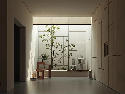 Modern Indoor Garden Landscape With White Square Tile Wall Green Plant And Skylight Lighting 3d model
