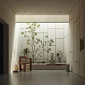 Modern Indoor Garden Landscape With White Square Tile Wall Green Plant And Skylight Lighting
