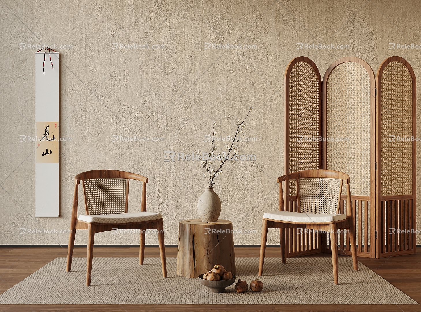 Mid-ancient style leisure chair combination screen partition decoration hanging picture 3d model