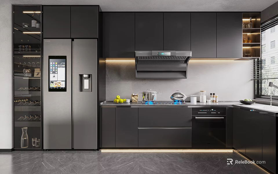 Modern Kitchen Interior With Black Cabinets Stainless Steel Refrigerator And Island Countertop Appliances 3d model 