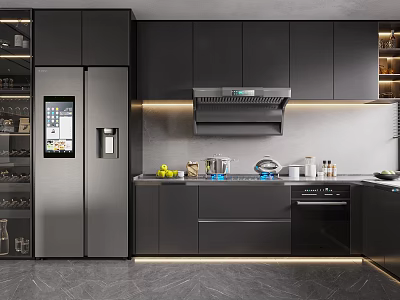Modern Kitchen Interior With Black Cabinets Stainless Steel Refrigerator And Island Countertop Appliances 3d model