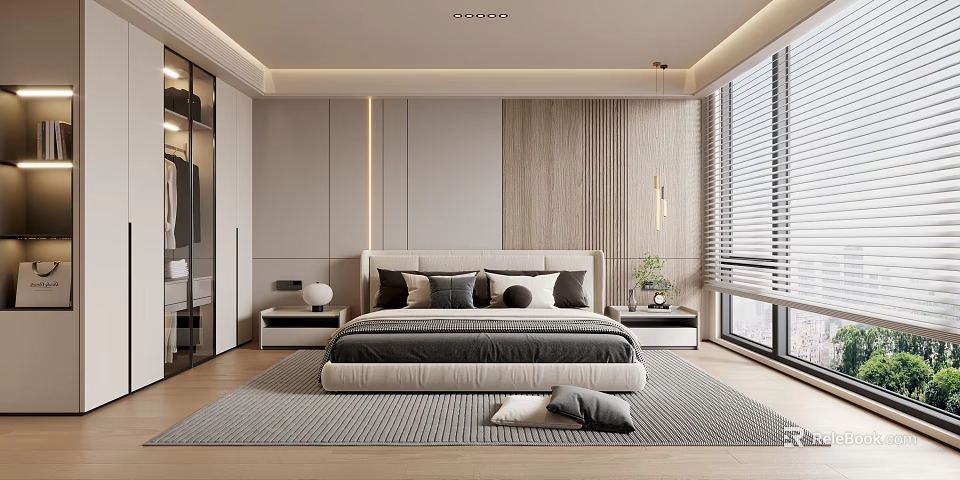 Modern Bedroom Interior With Bed Headboard Bedside Tables Pendant Lights And Wooden Panels 3d model 