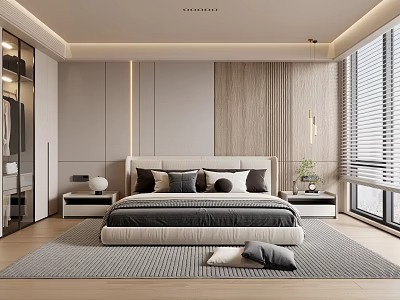 Modern Bedroom Interior With Bed Headboard Bedside Tables Pendant Lights And Wooden Panels 3d model