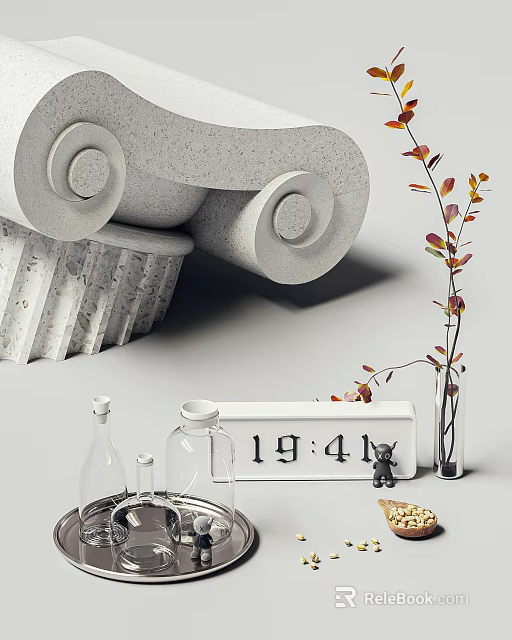 Modern Ornament Decoration Set With Scroll Plant Clock And Glass Bottles 3d model 